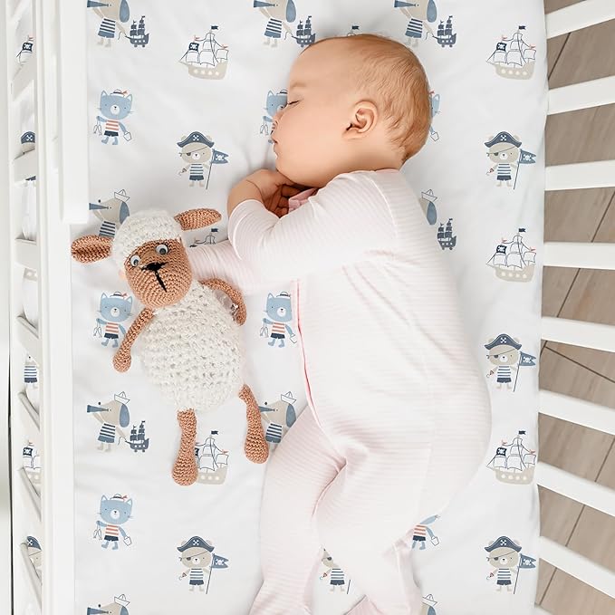 Nap Mat Sheet 47"x24", 3 Pack Blue Ocean Sailor Baby Crib Sheets Fitted Elastic Corners, Preschool Day Care Rest Mat Cover, Soft Breathable - Compatible with Regalo My Cot, Joovy Travel Cot