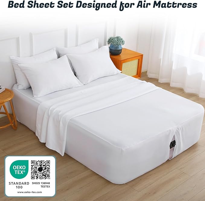 Extra Deep Pocket Full Sheet Set for Air Mattress, 6 Piece Air Bed Sheets Set with 18-24 Inches Depth, Soft & Breathable Inflatable Bed Sheet Set with Flat Sheet, Fitted Sheet and Pillowcases, White