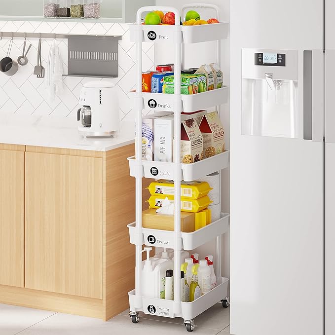 Laiensia 5-Tier Rolling Cart with Wheels,Multifunction Utility Storage Carts, Kitchen Storage Organizer,Mobile Shelving Unit for Bathroom,Laundry,with Classified Stickers,White