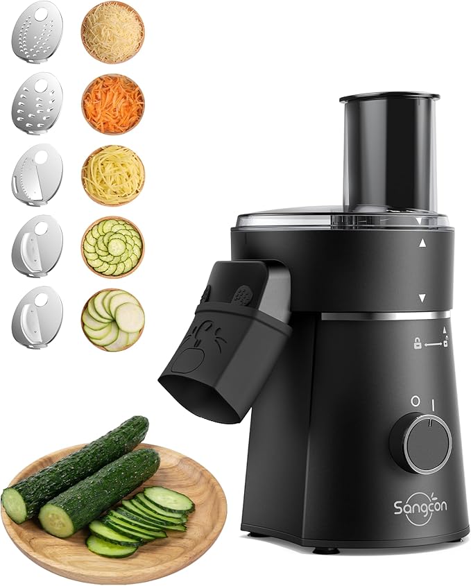 Sangcon Electric Cheese Grater for Block Cheese, 5-in-1 Automatic Salad Shooter & Vegetable Slicer with 5 Stainless Steel Blades, One-Touch Countertop Electric Grater for Cheese, Vegetables, Nuts