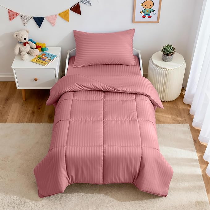 ZPECC Toddler Bedding Set - 4 Piece Hypoallergenic Baby Crib Bedding Set for Boys and Girls, Includes Toddler Comforter, Flat Sheet, Fitted Sheet and Pillowcase, Dusty Rose