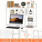 Snughome Desk Shelf, 38.6" Desktop Organizer Shelf, Desk Hutch for Computer Monitor, 4 Tier Desktop Display Rack with Pegboard Hooks Set, Wood Desk Bookshelf for Home Office Dorm, White