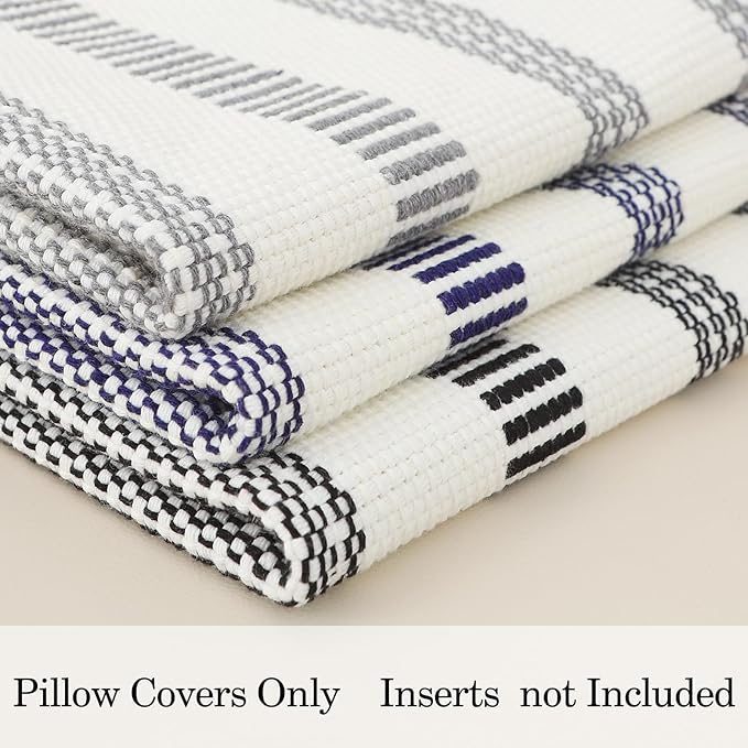 Smile Bee Spring Boho Outdoor Throw Pillow Covers Set of 2, Decorative Woven Striped Pillow Covers with Tassels for Couch Bed Sofa, 18x18 Inch, Navy Blue and Cream White