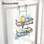 Consumest Over Door Shower Caddy - 2 Tier Shower Shelves Hanging with Soap Holders, Large Capacity Shower Organizer with 4 Hooks, Bathroom Rack and Storage, Black