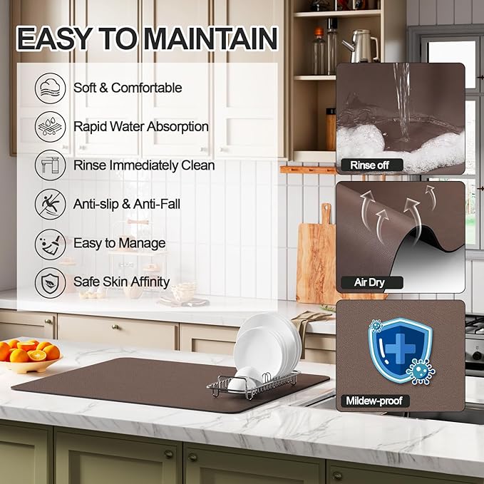 Ecotrim - Dish Drying Mat for Kitchen Counter | Coffee Bar Mat for Countertops | Heat Resistant Drainer Mat with Non-slip Rubber Backed | Hide Stain Kitchen Absorbent Draining Mat | Brown 18"x28"