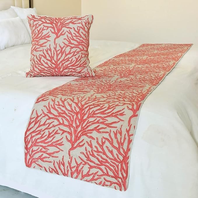 The HomeCentric King/Queen/Twin Coral, Peach & Pink Designer CA King 86"x18" Bed Runner Without Pillow Cover, Coral, Pearl Embroidery, Under The Sea & Beach Theme on Linen Fabric - Coraline Pearls