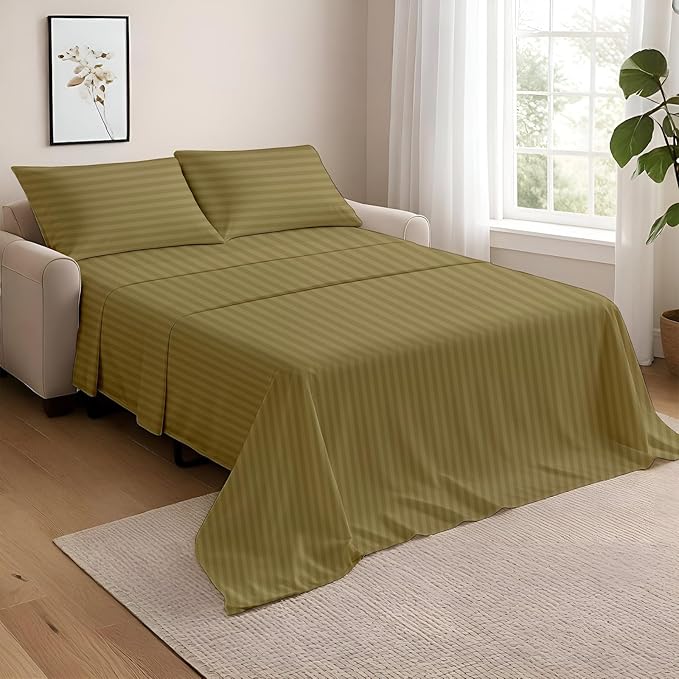 NON Sticky cotton Queen Size Sleeper Sofa Sheets, 4 Piece Egyptian Cotton Bed Sheet Set for Sofa Bed, 8" Deep Pocket for Pull Out Couch Mattress, 60" x 75", Taupe Stripe, Soft & Breathable