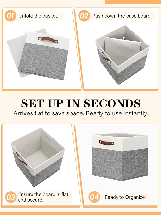 Temary 13 Inch Cube Storage Bins 4 Pack, Perfect Fit for Standard Cube Organizers, Sturdy Collapsible Storage Organizer Bins with PU Leather Handles for Closet, Nursery, and Office-White&Grey