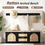 Rattan Narrow Entryway Bench with Shoe Storage, 4 Drawers & Coat Rack, Mid-Century Modern Wood Shoe Cabinet with Seat Cushion for Foyer/Hallway (Black)