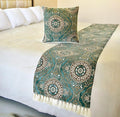 The HomeCentric King/Queen/Twin Teal Decorative King 90"x18" Bed Runner with Pillow Cover, Art Deco, Floral, Tassels & Velvet Bed Scarf on Velvet Fabric - Ahmet