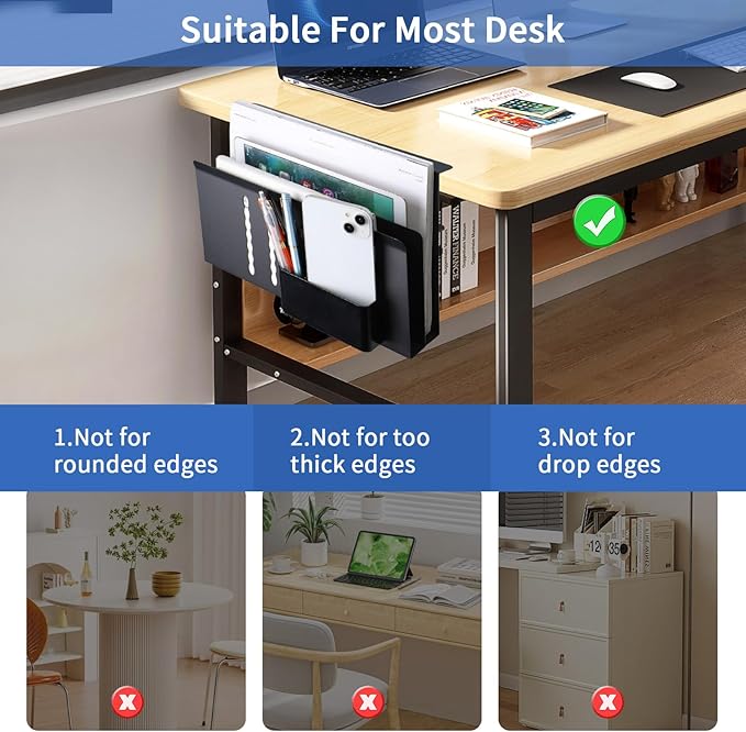 LUKETURE Desk Side Storage, 2 Tier Steel Hanging Organizer, No Drill Side Desk Organizer, Laptop Holder, with Pen Holder, Hanging Table Storage for Office Home, Fits Flat Edge Tables 0.3" to 2.8"