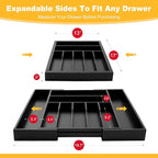 Large Premium Bamboo Silverware Organizer - Expandable Drawer Organizer & Utensil Organizer - 17"x19.7" Cutlery Tray with Dividers for Kitchen Utensils and Flatware (7-9 Slots) (Black)