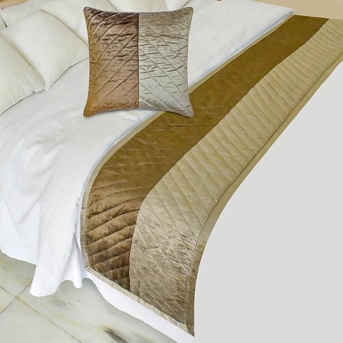 The HomeCentric King/Queen/Twin Brown Decorative Bed Runner CA King 86"x18" Bed Runner Without Pillow Cover, Solid, Chevron, Patchwork, Quilted Bed Scarf on Velvet Fabric - Plush Divide