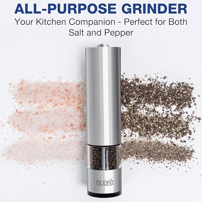 Eparé Salt or Pepper Grinder Mill Electric – Battery Operated Stainless Steel Mill with LED Light, Adjustable Ceramic Core, and One-Hand Push Button for Effortless Seasoning and Cooking