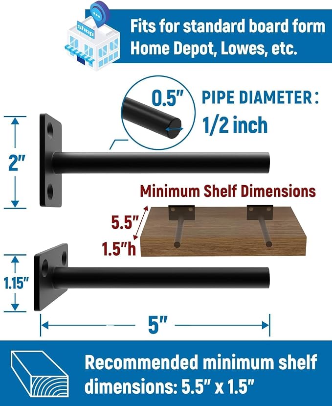 LEOPO Black 12-Pack 5 inch Floating Shelf Brackets, Hidden Shelf Bracket
