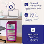 HOMZ Drawer Tower, 3-Tier Clear Plastic Storage Organizer Cart, Purple Frame - Rolling Drawer Containers with Wheels for Bathroom, Bedroom, Office, and Classroom Organization
