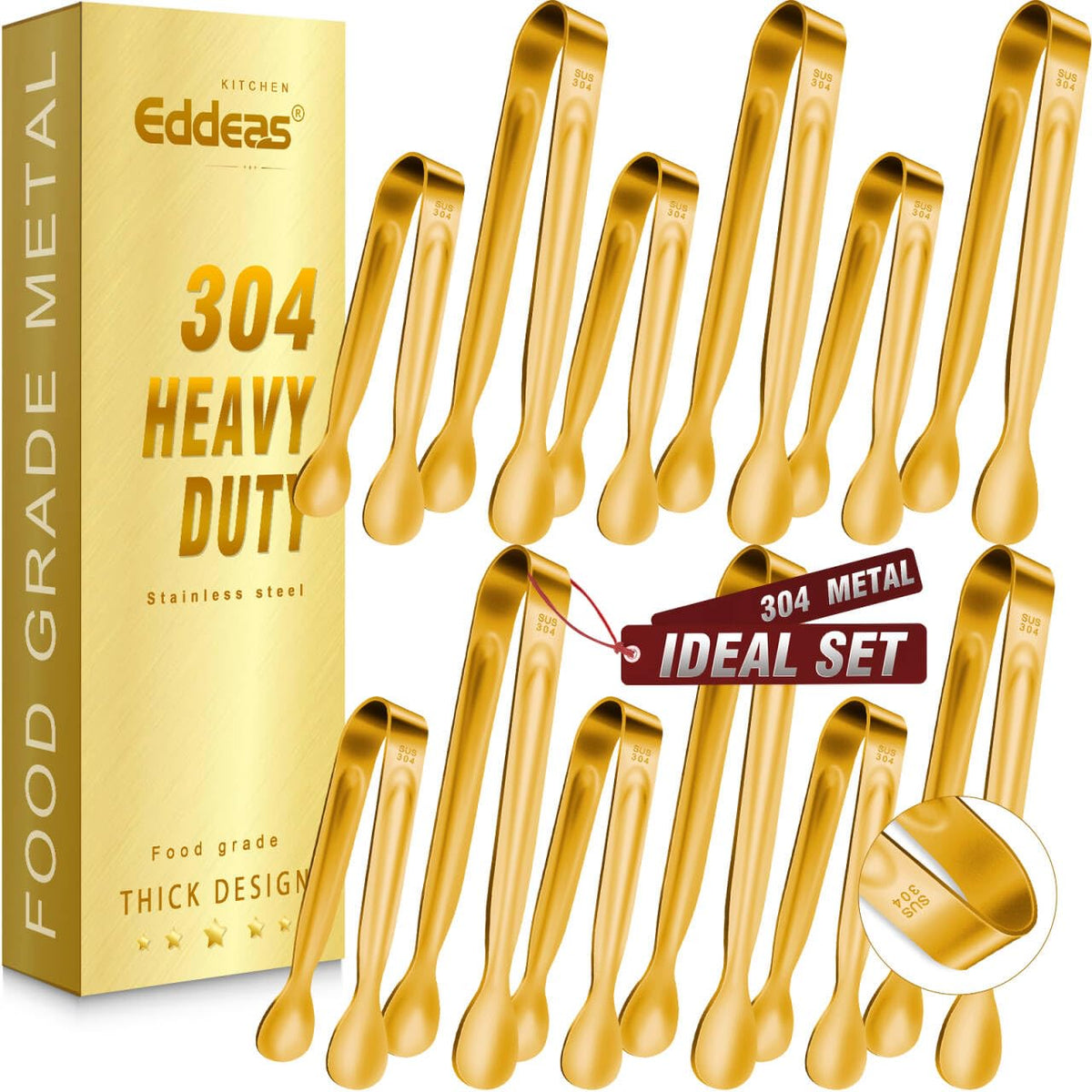 12PCS Mini Tongs For Serving, 2 Sizes 6 & 4 Inch Ice Tongs Mini Gold Sugar Stainless Steel Tong, Small Kitchen Tiny Food Tongs for Appetizers,Tea Party, Coffee Bar,Desserts & Ice Bucket