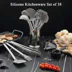 Kitchen Utensils Set, Kyraton 38 Pieces Non-Stick Silicone Cooking Utensils Set, Spoon Spatula Set with Sturdy Stainless Steel Utensil Holder, Dishwasher Safe