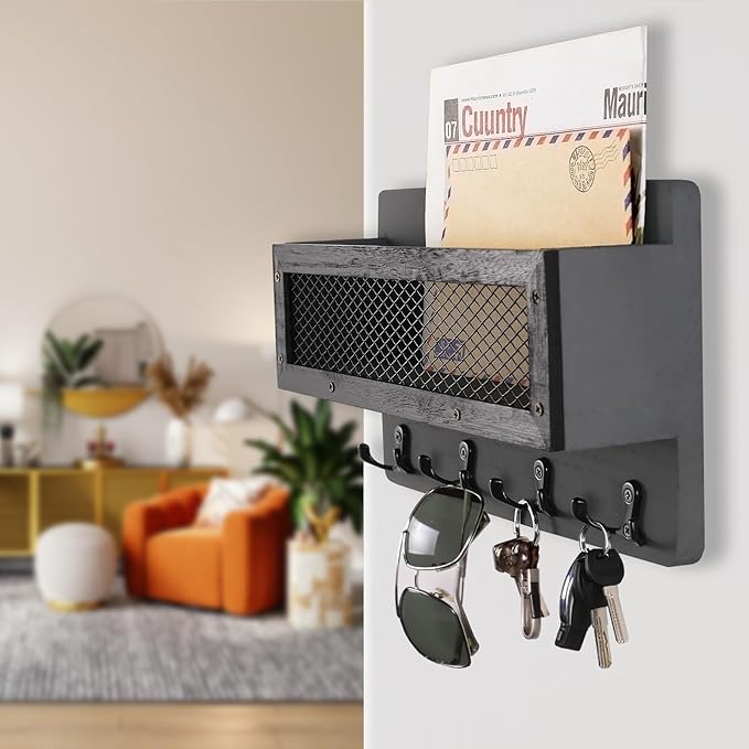ADIIL Mail and Key Holder for Wall Decorative, Wooden Wall Mount Key Rack Hanger Organizer with 4 Double Key Hooks, Rustic Home Decor for Entryway Hallway, Grey