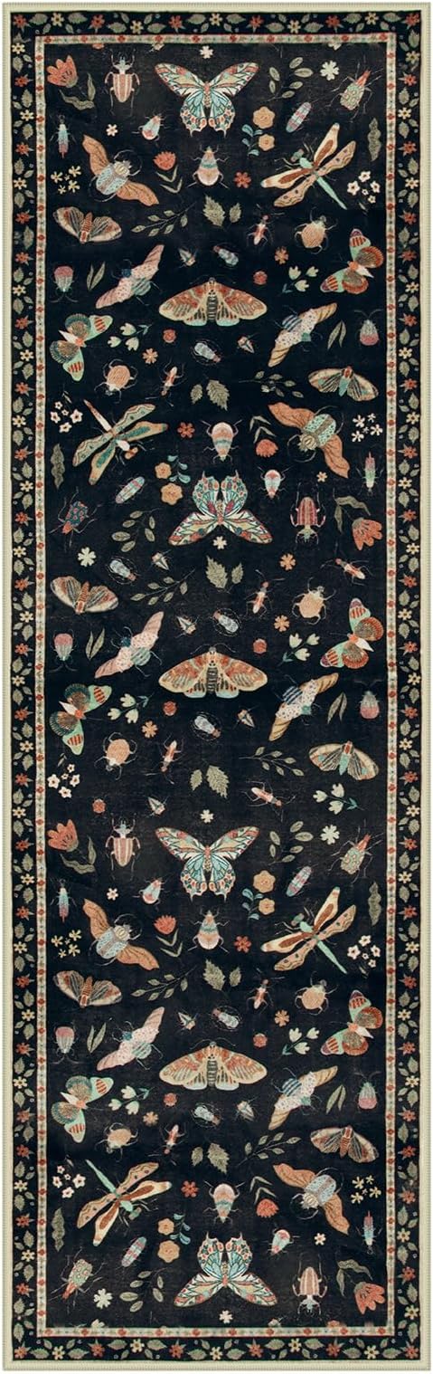 Lahome Insect Hallway Runner Rug, 2'5''x8' Ultra-Thin Washable Runners for Hallways Kitchen, Soft Laundry Room Rug Non-Slip Long Carpet for Entryway Bedroom Bathroom, Black
