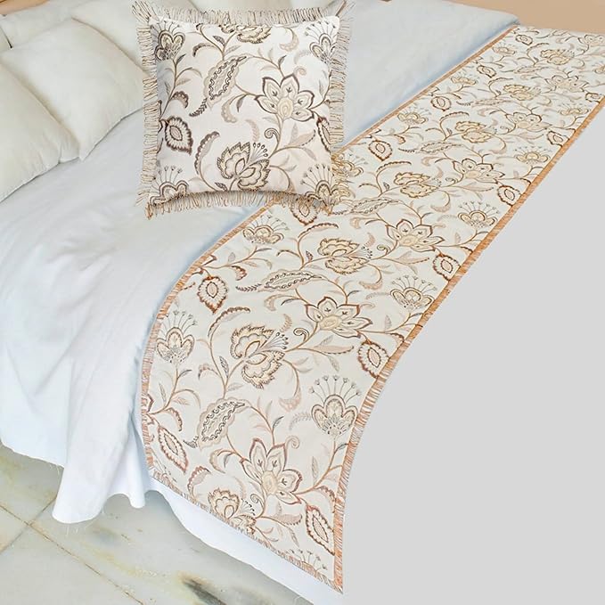 The HomeCentric King/Queen/Twin Beige Decorative Bed Runner Twin 53"x18" Bed Runner with One Pillow Cover, Floral, Pearl, Jute Lace, Embroidery Bed Scarf on Cotton Fabric - Floral Luster