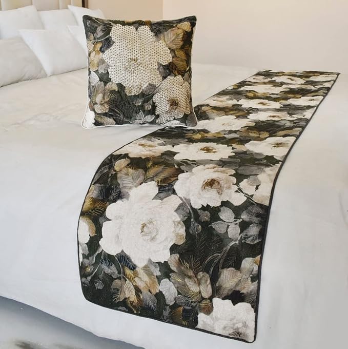 The HomeCentric King/Queen/Twin Gray & Brown Designer Full 68"x18" Bed Runner with 2 Pillow Cover, Rose, Floral & Bead Embroidery Bed Scarf on Cotton Fabric - Rada