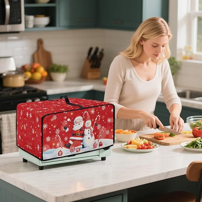 Christmas Toaster Oven Dust Cover Dustproof Smart Oven Air Fryer Microwave Cover with Side Pockets, Electric Appliance Protector for Kitchen, S, Santa Claus Snowman Candy Cane Red
