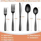 20 Pcs Black Silverware Set, Food-Grade Stainless Steel Flatware Set for 4, Square Cutlery Set, Mirror Polished Tableware Eating Utensils Set for Kitchen, Include Knife Fork Spoon Set,Dishwasher Safe