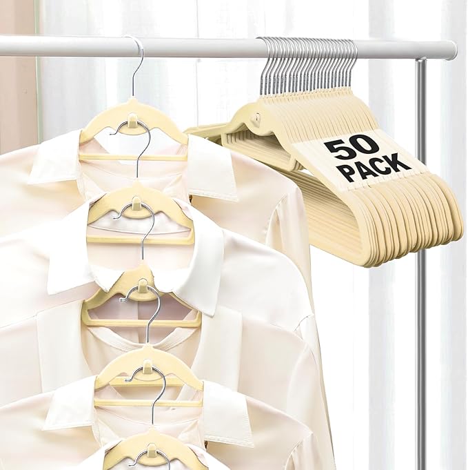 Velvet Felt Stackable Hangers 50 Pack, Non Slip, with 360° Swivel Hook, Ultra Thin and Space Saving for Suits, Shirts, Coats, 15Lbs Capacity Heavy Duty, Ivory