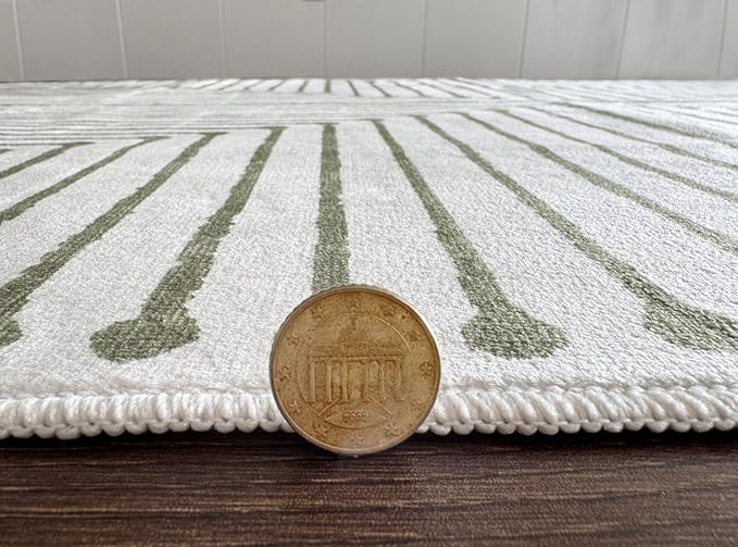 GLN Rugs Contemporary Collection - Machine Washable Area Rug, Contemporary Washable, Non Slip, Low Pile Chenille Rug, Living Room, Bedroom, Kitchen Rug (2'6" x 10' Green Beige)