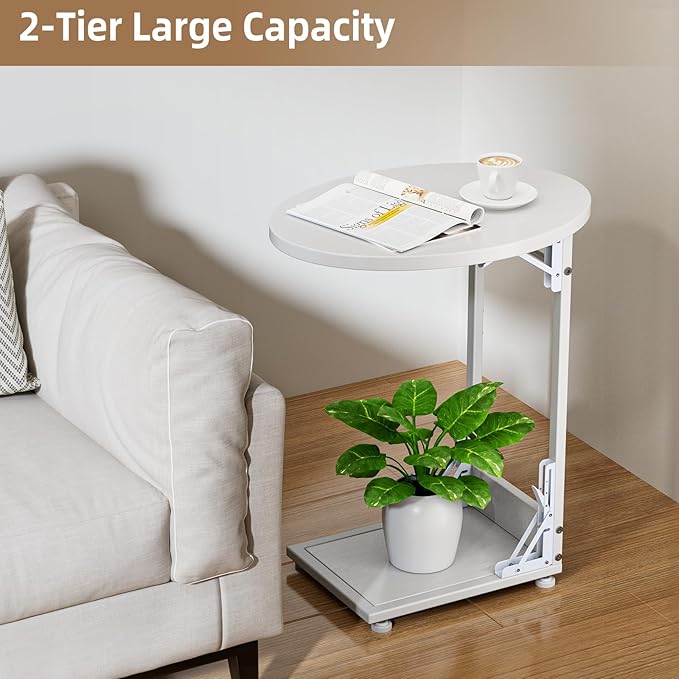 Elbourn Folding Side Table End Couch Tables,Metal Frame C-Shaped TV Stand for Living Room, Bedroom, Coffee Table(White)