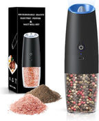 Rechargeable Salt And Pepper Grinder with LED Light, Automatic Electric Gravity Salt And Pepper Shakers, No Battery Needed, Adjustable Roughness, 1 Pack (Black)