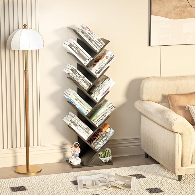 SHEEPAM 10 Tier Tree Book Shelf, Floor Standing Wood Bookshelf