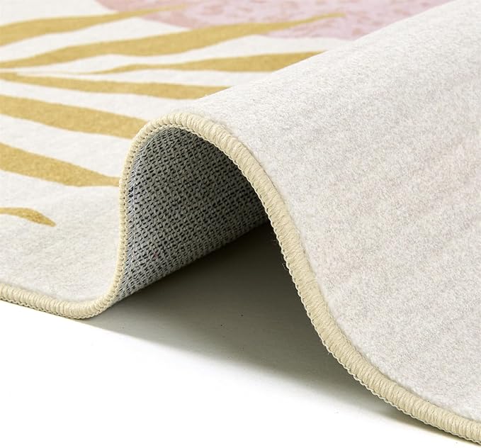 RoomTalks Cute Pink Nuresry Rug Washable, Boho Modern Contemporary Aesthetic 4x6 Area Rugs for Bedroom Dining Living Room Dorm, Abstract Art Tropical Leaves Thin Indoor Entryway Rug Carpet