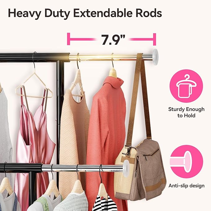 SUFAUY Commercial 80" H Clothes Rack for Hanging Dresses, Extend 50“L Double Rolling Garment Rack on Lockable wheels with Adjustable Rod and Storage Shelves, Load 350 LBS, Black