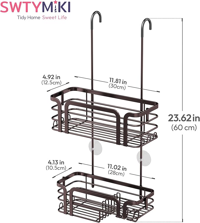 SWTYMIKI Shower Caddy Hanging Organizer - Over the Door Shower Caddy with Soap Holder, 11 Hooks, 2 Installation Ways, Stainless Steel Rustproof Bathroom Organizer, Bronze