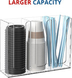 KOTEMON Acrylic Cup and Lid Holder, 3 Compartment, Disposable Coffee Cup Dispenser Cup Storage Organizer, Clear