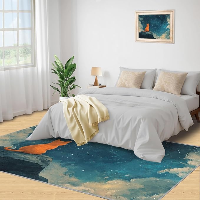 Orange Cat Rugs for Bedroom - 4x5 Area Rug - Cartoon Starry Sky Rugs for Living Room, 3D Cute Cat Rug, Non-Slip Washable Home Decor Carpet
