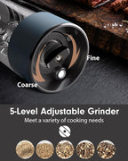 TOMEEM Upgraded Larger Capacity Electric Salt and Pepper Grinder Set Rechargeable with LED lights, Stainless Steel Automatic Pepper and Salt Grinder Refillable with 5 Adjustable Coarseness Blue