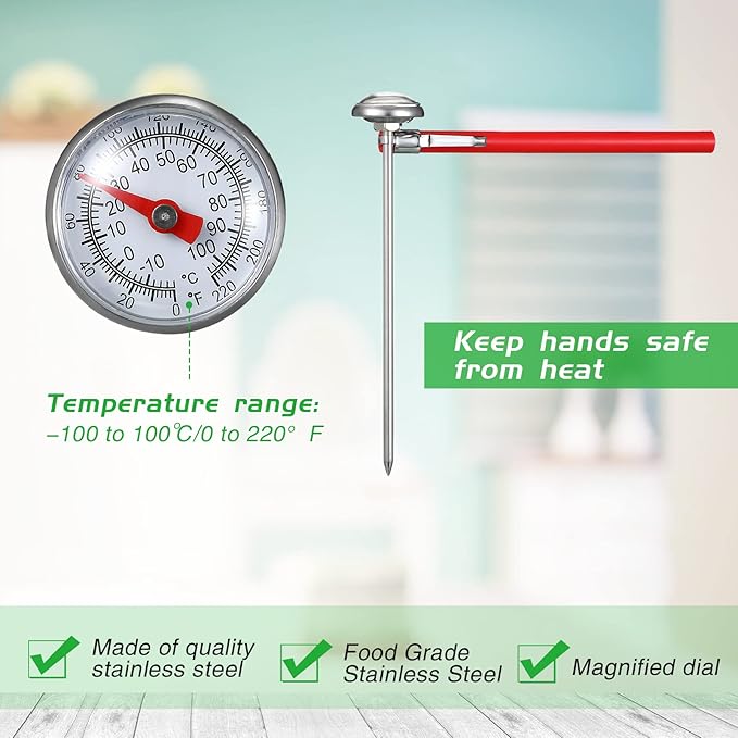 Xuhal 24 Pcs Stainless Steel Kitchen Thermometer with 5 Inch Long Stem 1 Inch Dial Thermometer Milk Frothing Food for Oven Probe Meat Grill BBQ Cooking Chocolate Water (Red)