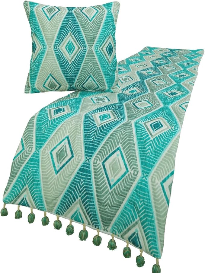 The HomeCentric King/Queen/Twin Blue, Ivory & Grey Decorative Twin 53"x18" Bed Runner with 2 Pillow Cover, Quilted & Printed Bed Scarf on Cotton Fabric - Tallulah