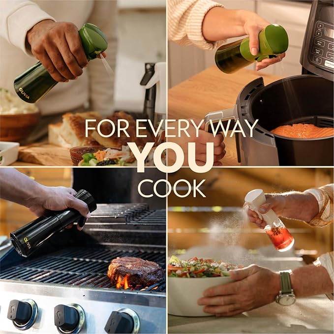 OLIVIA Oil Sprayer for Cooking, 200ml Glass Olive Oil Sprayer, Continuous Cooking Spray Bottle with Portion Control, Olive Oil Dispenser for Kitchen, Air Fryer, Salad, BBQ (Golden Leaves)