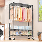M MZG Heavy Duty Rolling Garment Rack 3 Tiers Adjustable Wire Shelving Clothes Rack with Rods and Side Hooks,Storage Closet Clothing Rack with Wheels Black 17.7" D x 47.2" W x 83.6" H