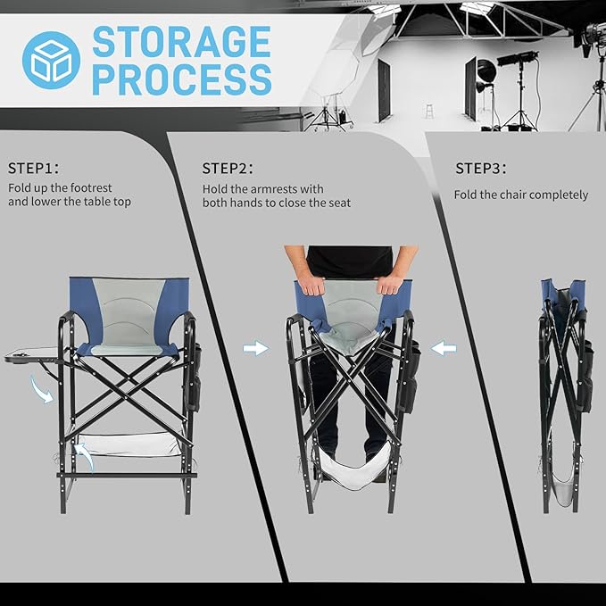 Outvita 4 Piece 31" Tall Directors Chair Height Seat Folding with Side Table Storage Bag, Support for 300Lbs Portable Makeup Artist Chair with Bar Height(Blue/Grey)