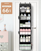 STORAGE MANIAC Over the Door Organizer 6-Shelf Closet Hanging Storage with 14 Mesh Pockets, 66lbs Capacity Clear Deep Pockets Behind Door Storage for Nursery, Bathroom, Bedroom, 1 Pack Black