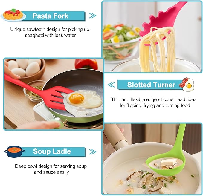 TeamFar Silicone Kitchen Utensils, 7-Piece Kitchen Cooking Utensil Set with Turner Spoon Spatula Ladle, Perfect for Baking Cooking Mixing, Heat-Resistant & Non-Toxic, Dishwasher Safe & Multi Colored