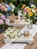 Hanobe Tiered Tray for Table Decor: 2 Tier 4th of July Decorative Tray Stand for Coffee Bar - Summer Farmhouse Rectangle Wood Display for Kitchen Counter, Rustic White