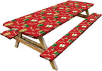 Picnic Table Cover with Bench Covers Set of 3, Elastic Fitted Tablecloth for 6 Foot Tables, Washable Polyester Tablecloths for Camping, Indoor & Outdoor