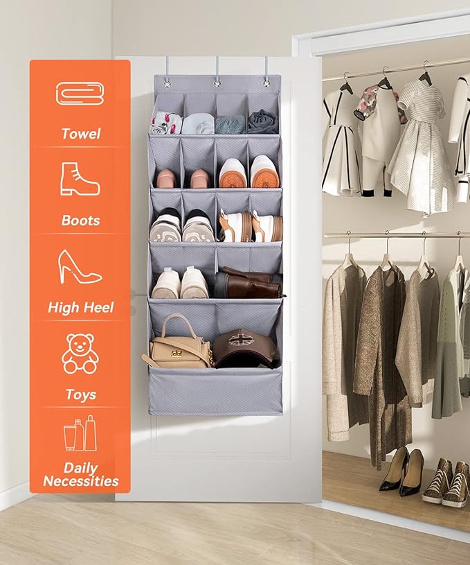 FENTEC 1 Pack Over-the-Door-Shoe-Organizers,Hanging Organizers with Large Pocket Shoe Holder Hanging Shoe Rack for Closet Shoe Organizer for Wall, Over Door Organizer with 15 Pockets Gray