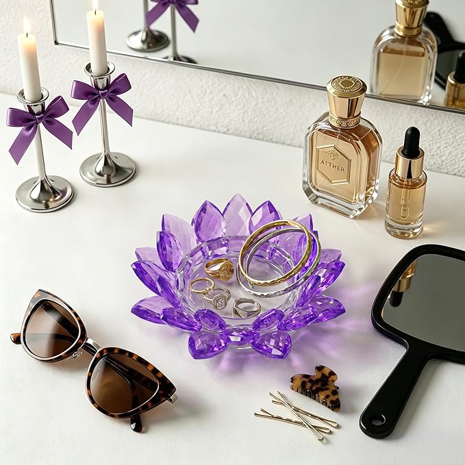 Crystal Flower Jewelry Tray, Transparent Decorative Trinket Dish for Rings, Earrings, Necklaces, Keys for Vanity Dresser Nightstand, Elegant Gift for Women Mother's Day (2, 6.3"(W)- Purple)